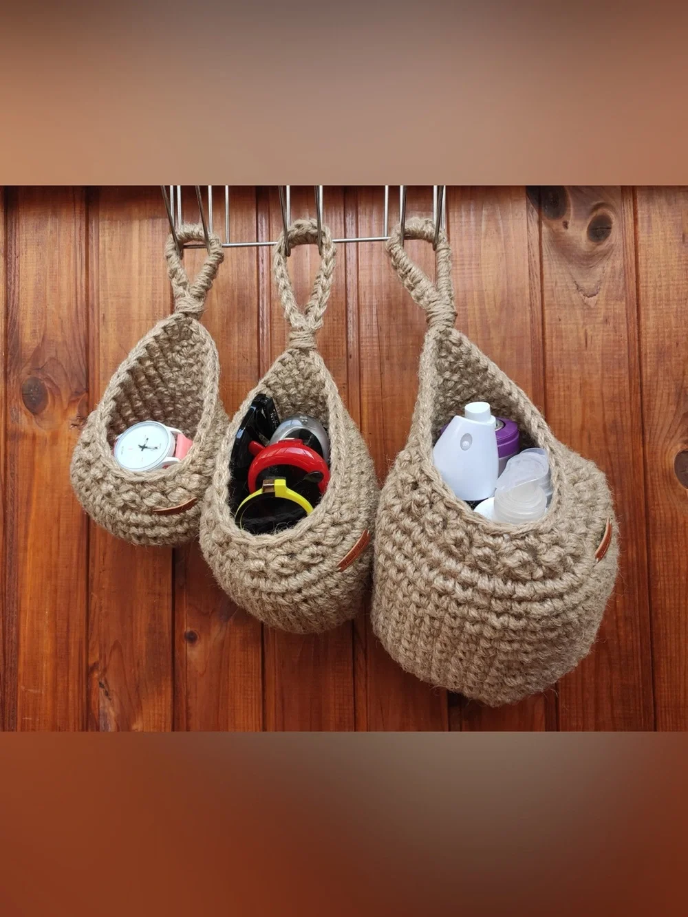Set 3 Handwoven teardrop Jute Hanging Wall Baskets kitchen storage decor cottage